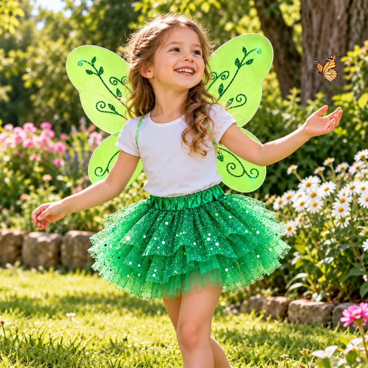 Set Disfraz Hada Verde con Alas y Falda Niña Jugando - Louicid