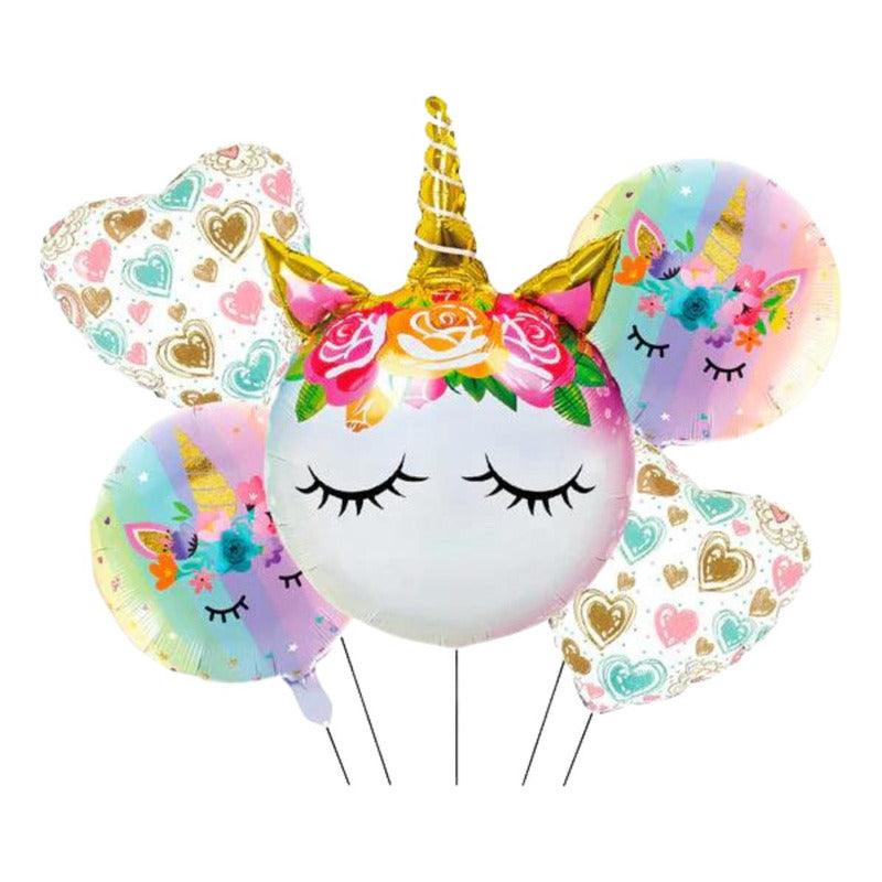 Set De Globos Mylar Unicornio Flor 5pcs Decoración Cumpleaños - Louicid