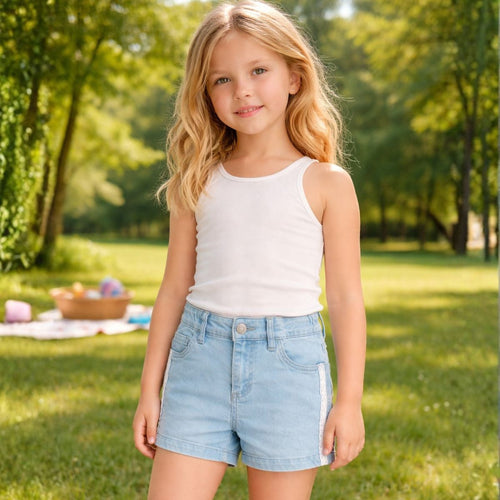 Short Mezclilla De Niña Con Cinta Macramé Pillin - Louicid