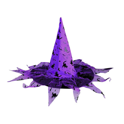 Sombrero Bruja Morado Con Velo Print Gato Frontal - Louicid