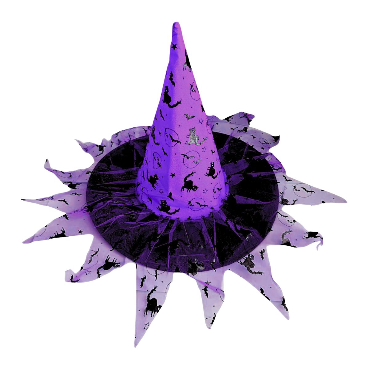 Sombrero Bruja Morado Con Velo Print Gato - Louicid