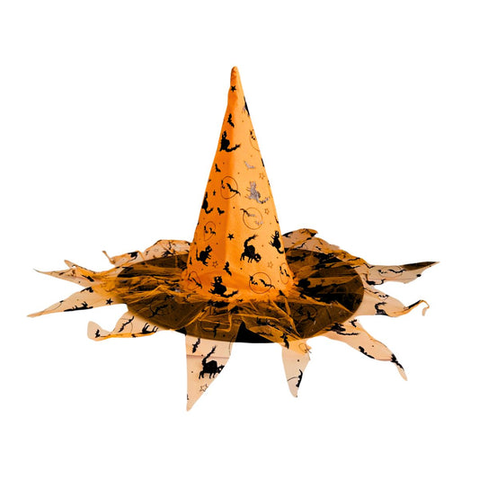 Sombrero Bruja Naranja Con Velo Print Gato Frontal - Louicid
