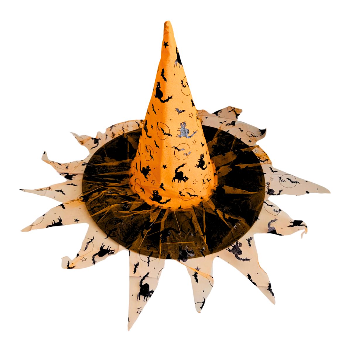 Sombrero Bruja Naranja Con Velo Print Gato - Louicid