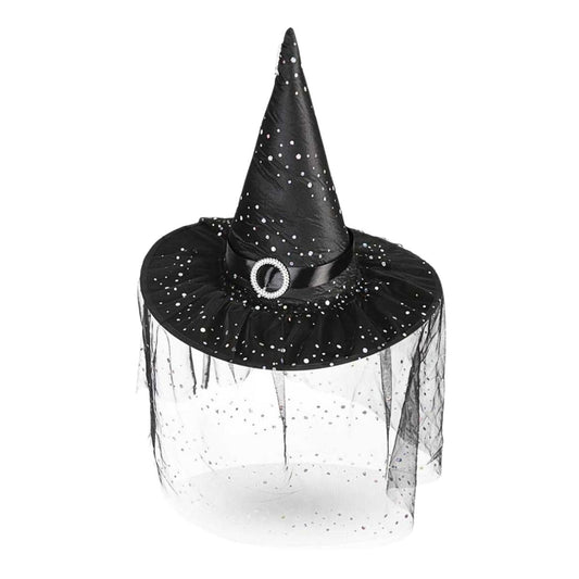 Sombrero Bruja Negro Con Velo Hebilla - Louicid