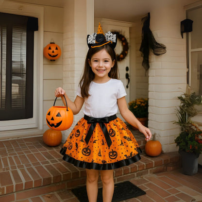 Tutú Naranjo Halloween Con Cinta Negra Cintillo Niña - Louicid