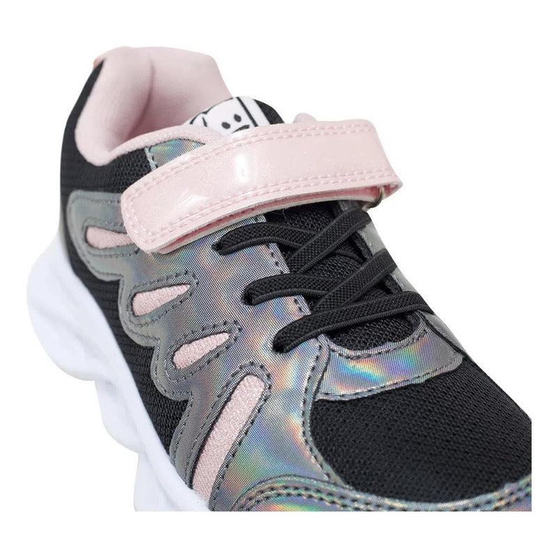 Zapatilla De Niña Velcro Elástico Con Luces Led Negro - Louicid