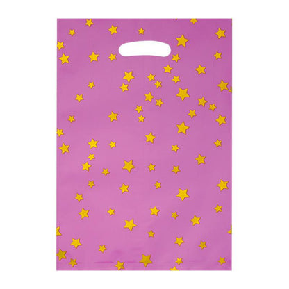 Bolsa metalizada lila con diseño de estrellas doradas.