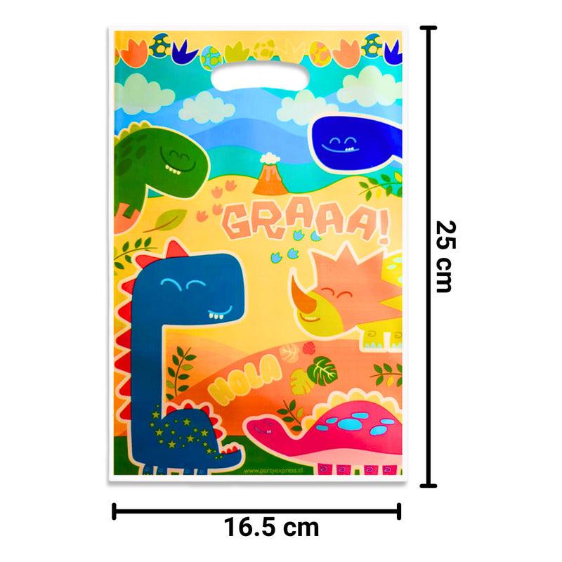 Bolsa temática de dinosaurio mostrando sus medidas, práctica y resistente para dulces o recuerdos - Louicid