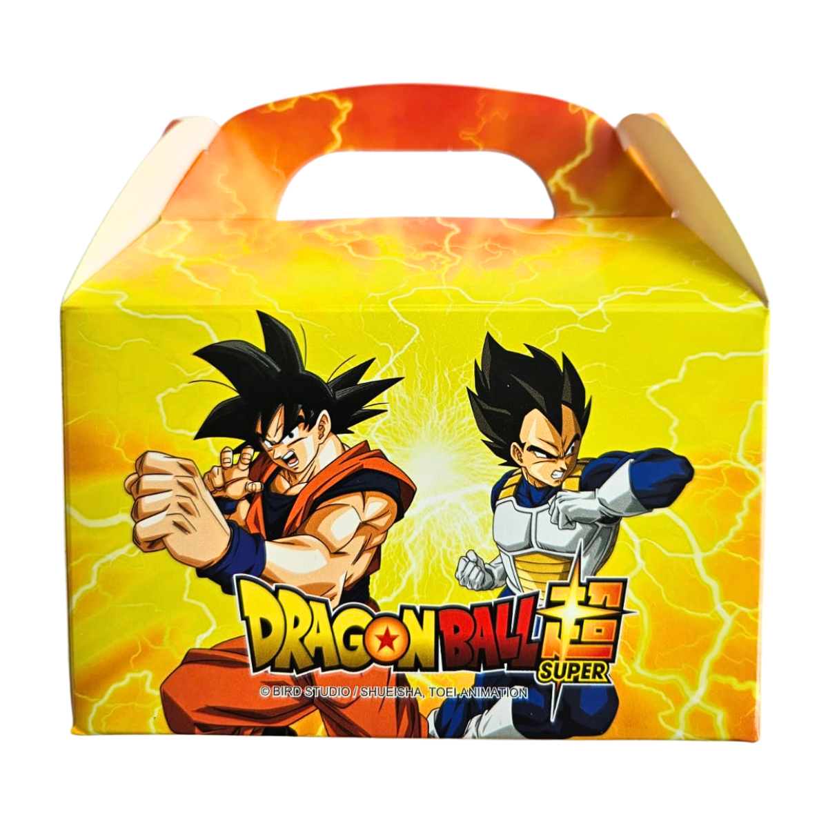 Caja sorpresa temática de Dragon Ball Super vista de frente, perfecta para celebraciones infantiles - Louicid