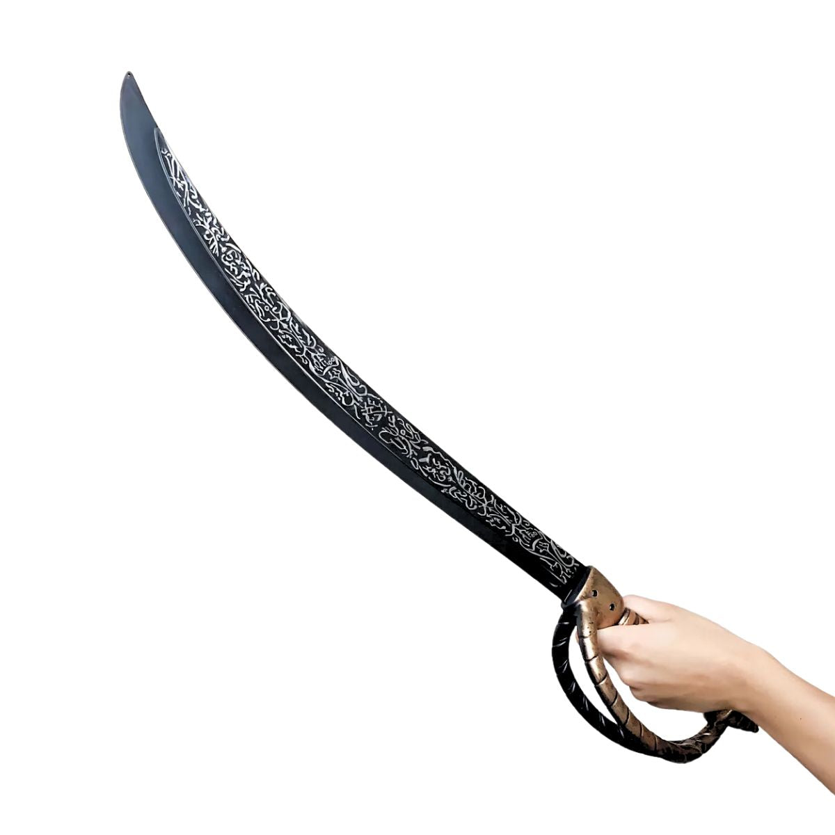 Espada pirata sostenida en una mano, mostrando su diseño y tamaño real - Louicid