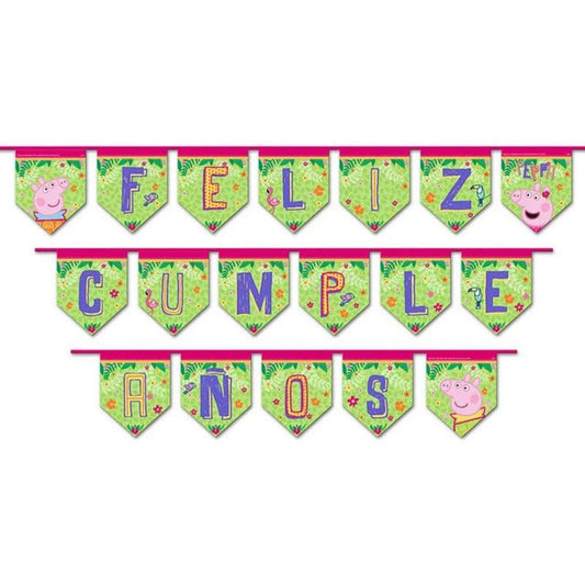 Guirnalda Peppa Pig con mensaje "Feliz Cumpleaños", ideal para fiestas infantiles.