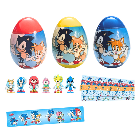 Huevo sorpresa Sonic con figura 2D, stickers y cinta decorativa, ideal para niños fanáticos del personaje - Louicid
