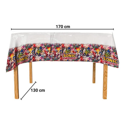 Mantel Sonic en mesa con dimensiones 130x170cm, perfecto para decorar celebraciones con estilo gamer - Louicid
