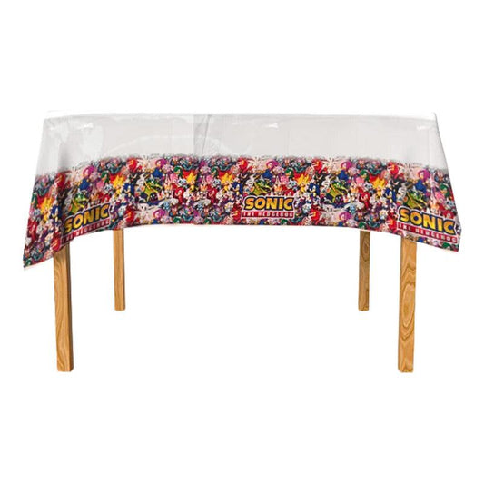 Mantel temático de Sonic el Erizo sobre mesa decorada, ideal para fiestas infantiles - Louicid