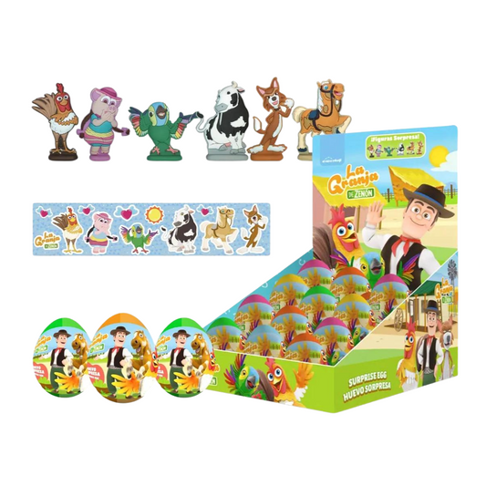 Paquete de 12 huevos sorpresa de La Granja de Zenón en donde incluye figuras 2D, stickers y caramelo explosivo - Louicid