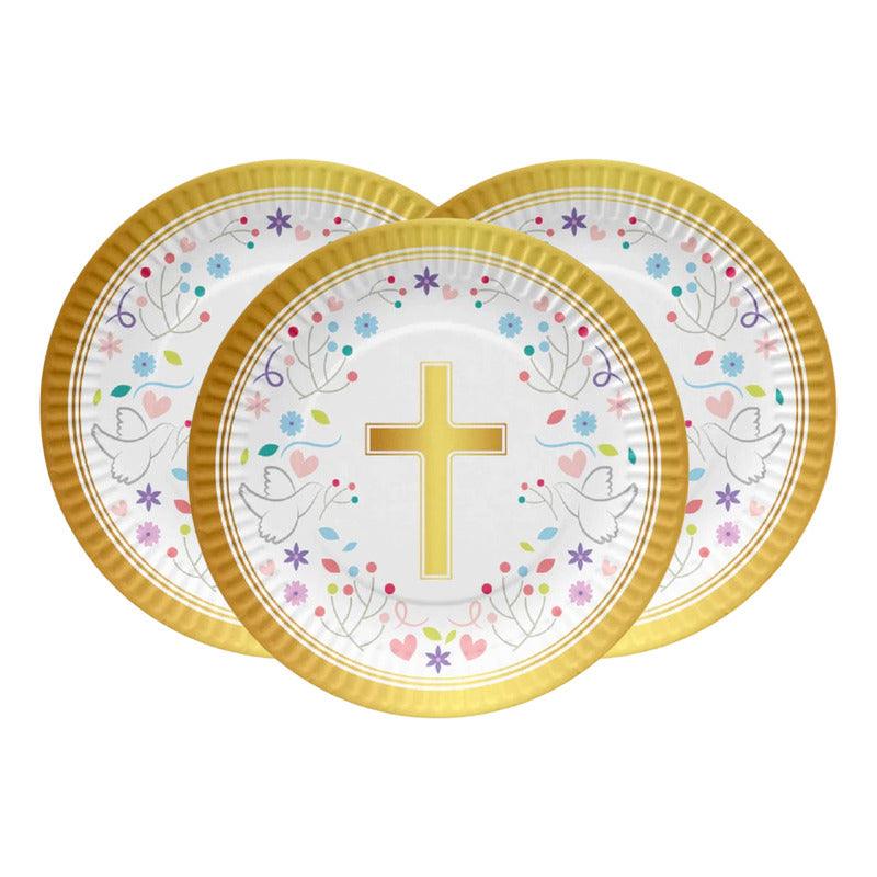 Set 6 Platos Religiosos Con Cruz Dorada Para Primera Comunión - Louicid