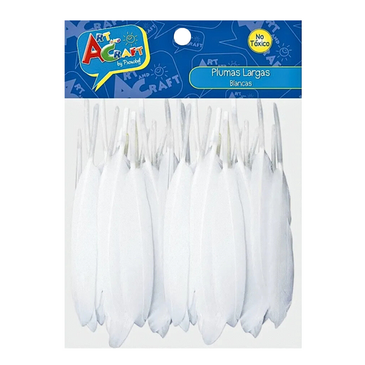 Pack de 50 plumas decorativas largas color blanco ideales para manualidades o eventos.