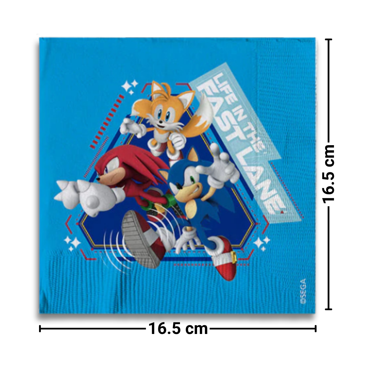 Servilleta Sonic desplegada con medidas 33x33cm, muestra del tamaño real para eventos temáticos - Louicid