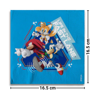 Servilleta Sonic desplegada con medidas 33x33cm, muestra del tamaño real para eventos temáticos - Louicid