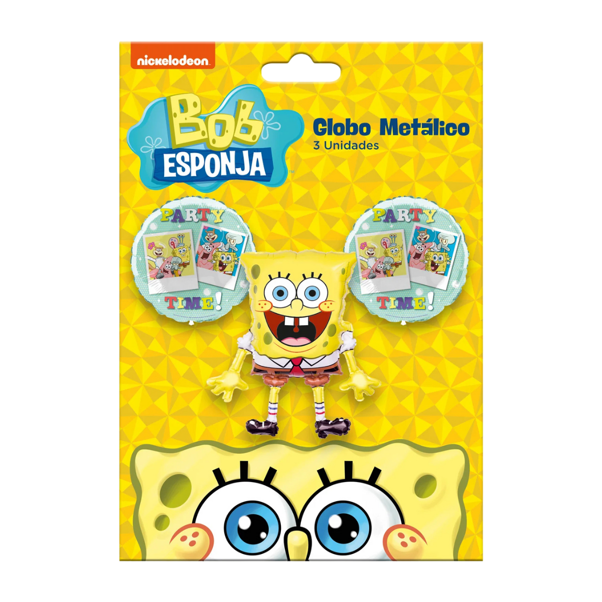 Empaque original del set de 3 globos foil Bob Esponja para decoración de fiesta.
