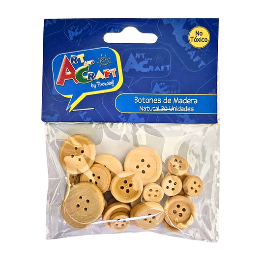 Set de 30 botones de madera natural en tamaños surtidos para manualidades y costura.