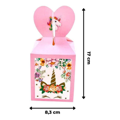 Cajita sorpresa unicornio floral con medidas detalladas, perfecta para dulces o pequeños regalos.