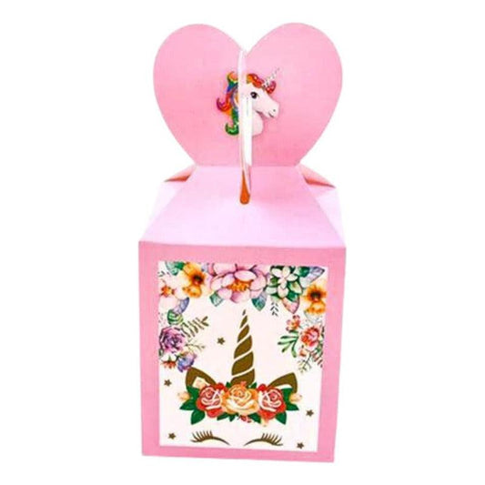 Cajita sorpresa diseño unicornio con flores, ideal para fiestas de cumpleaños temáticas infantiles.