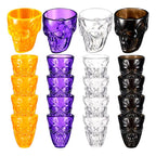 Set completo de vasos shot calavera en colores: transparente, negro, morado y naranjo, ideal para fiestas de Halloween - Louicid