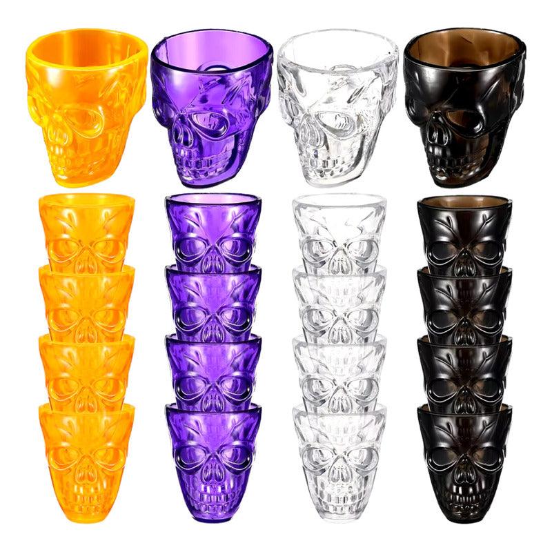 Set completo de vasos shot calavera en colores: transparente, negro, morado y naranjo, ideal para fiestas de Halloween - Louicid