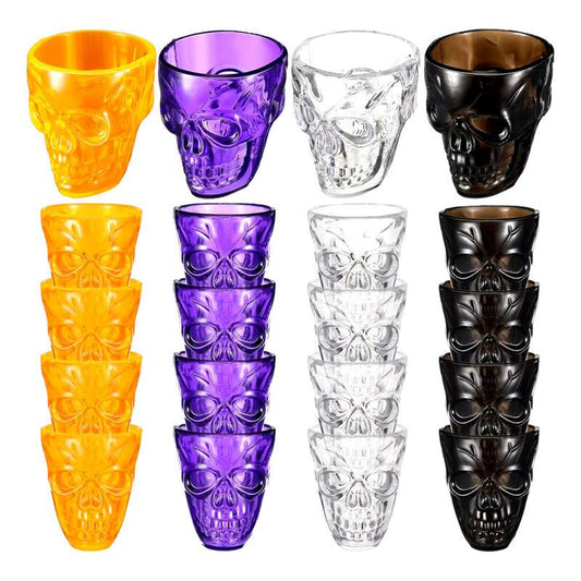 Set completo de vasos shot calavera en colores: transparente, negro, morado y naranjo, ideal para fiestas de Halloween - Louicid