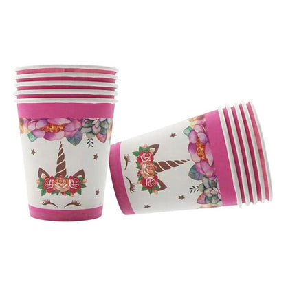 Set de 6 vasos con diseño de unicornio floral, ideal para decorar mesas en cumpleaños temáticos - Louicid