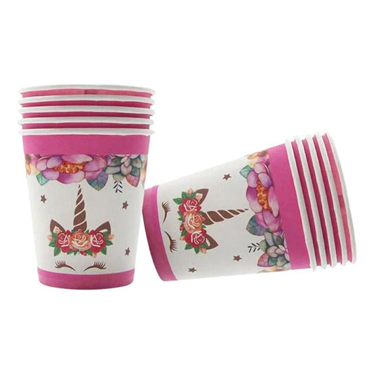 Set de 6 vasos con diseño de unicornio floral, ideal para decorar mesas en cumpleaños temáticos - Louicid