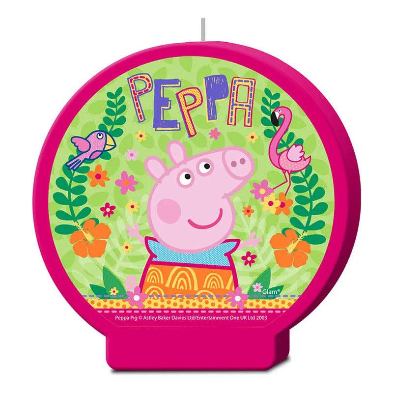 Vela de cumpleaños temática Peppa Pig sola, ideal para decorar tortas infantiles.